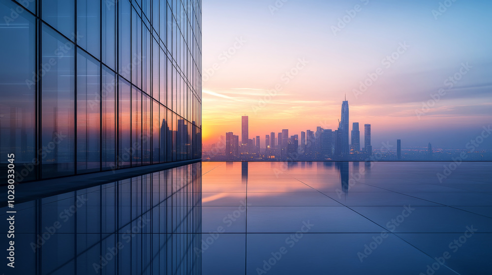 Obraz premium Modern skyline at dusk with reflections on glassy surface