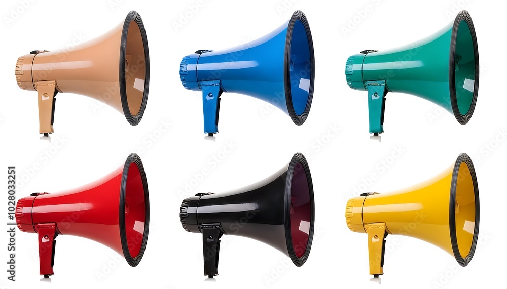 Colorful Megaphones Isolated on White Background in Side View, Featuring a Variety of Bold Colors for Announcement or Communication Purposes, Dynamic and Vibrant Design for Public Speaking or Events Colorful Megaphones Isolated on White Background in Side View, Featuring a Variety of Bold Colors for Announcement or Communication Purposes, Dynamic and Vibrant Design for Public Speaking or Events