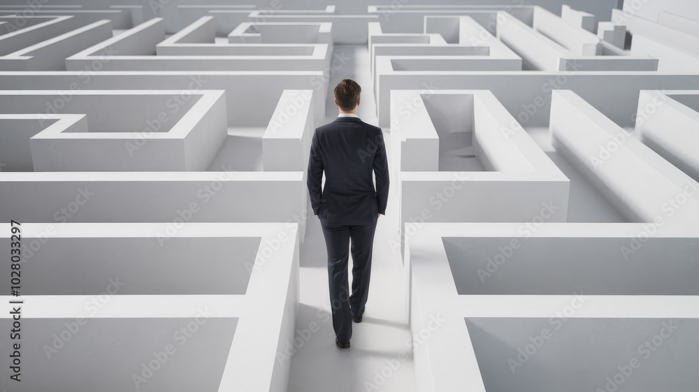 A man in a suit walks through a maze. The maze is white and the man is wearing a black suit A man in a suit walks through a maze. The maze is white and the man is wearing a black suit