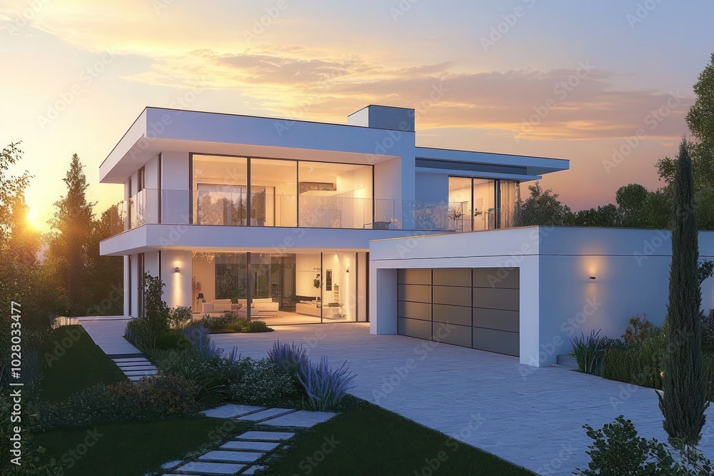 High-resolution view of a modern house with white walls, flat roof ...