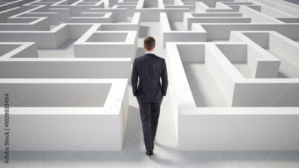 A man in a suit walks through a maze. The maze is white and the man is wearing a suit A man in a suit walks through a maze. The maze is white and the man is wearing a suit