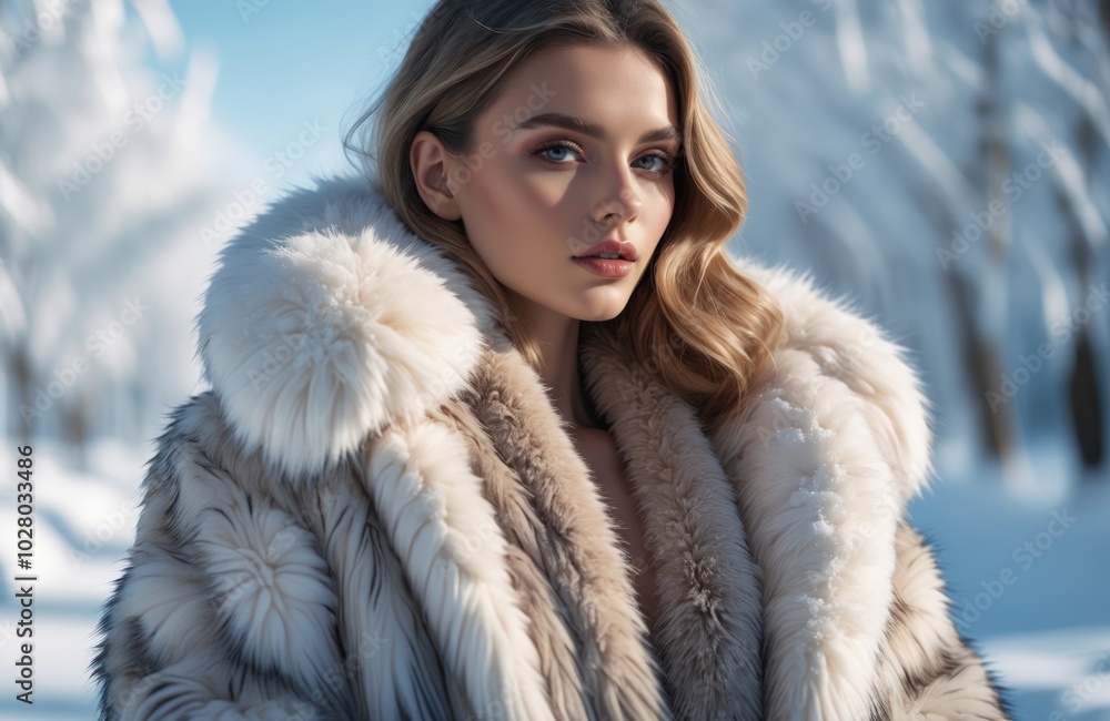 Model in faux fur coat in snowy winter setting Model in faux fur coat in snowy winter setting