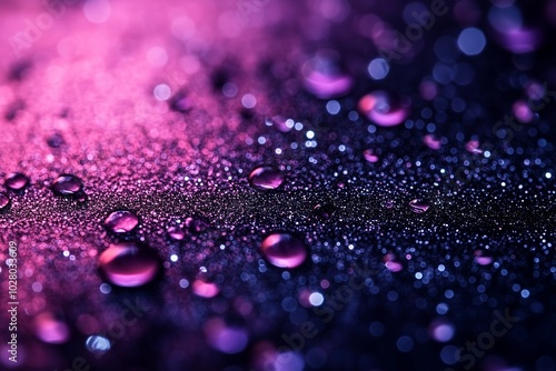 Closeup photo of pink and purple glitter with water droplets on the surface