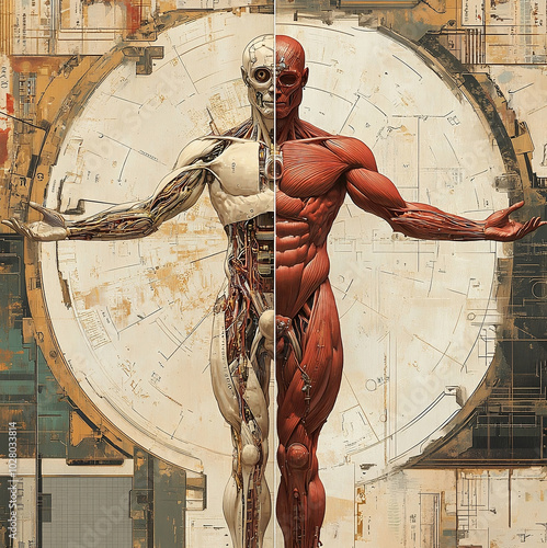 Semi Abstract Future of Mankind, Vitruvian Man style human,cyborg