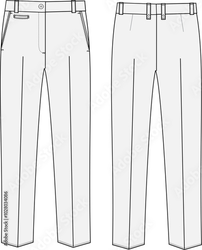 Casual to formal chino 5 pocket trousers dress pant technical fashion illustration front and back views.