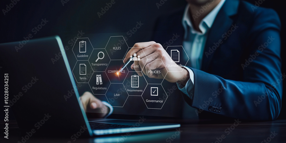 Fototapeta premium Corporate leader utilizing a digital platform for business analytics; sophisticated interface with diverse management tools and data visualization options.