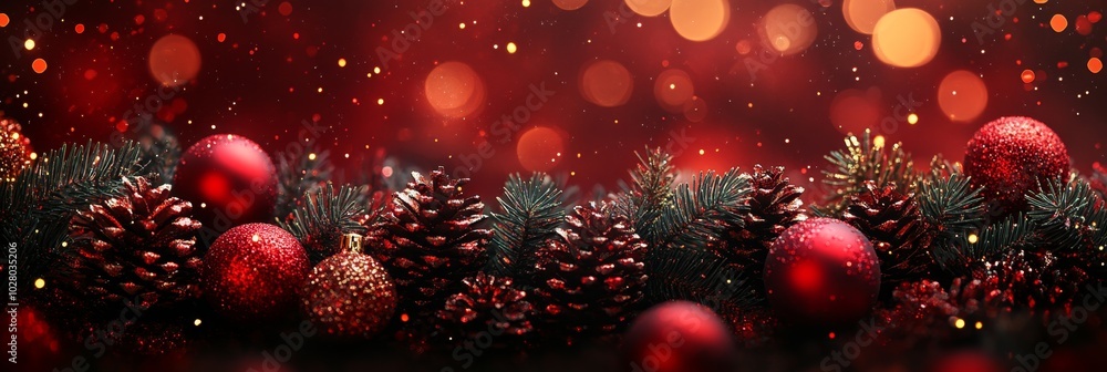 Christmas background with red baubles, fir cones and lights bokeh background. Space for text. Copy space. Greeting card. Christmas background with red baubles, fir cones and lights bokeh background. Space for text. Copy space. Greeting card.