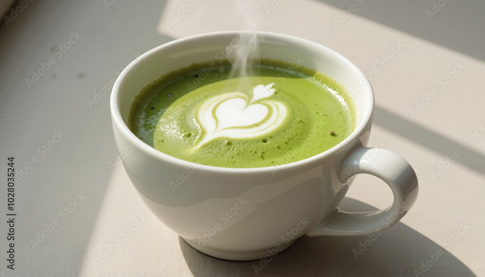 Steaming cup of matcha latte with latte art in soft light Steaming cup of matcha latte with latte art in soft light