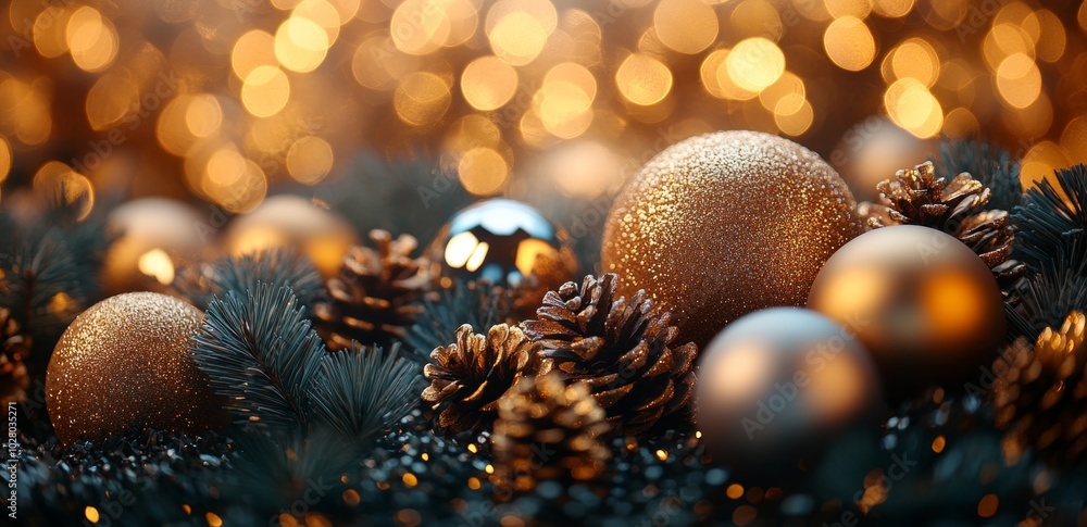 Christmas background with golden baubles, fir cones and lights bokeh background. Space for text. Copy space. Greeting card. Christmas background with golden baubles, fir cones and lights bokeh background. Space for text. Copy space. Greeting card.
