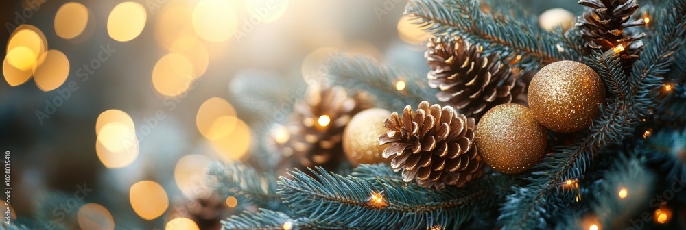 Christmas background with golden baubles, fir cones and lights bokeh background. Space for text. Copy space. Greeting card. Christmas background with golden baubles, fir cones and lights bokeh background. Space for text. Copy space. Greeting card.