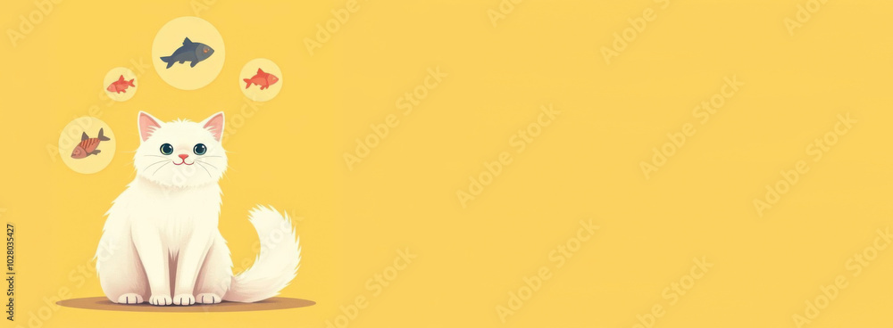 fluffy white cat , sitting on left side, smiling cat looking at camera, cartoon drawn circles with fishes inside circles flying around cat head, yellow pastel solid back fluffy white cat , sitting on left side, smiling cat looking at camera, cartoon drawn circles with fishes inside circles flying around cat head, yellow pastel solid back
