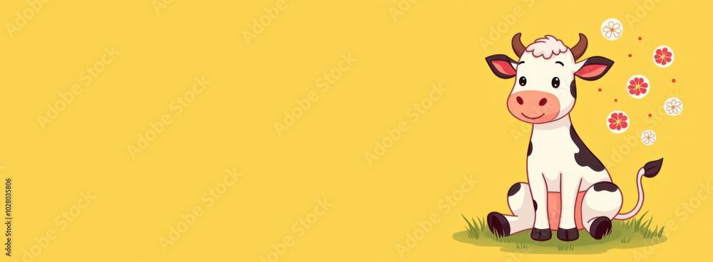 Cow sitting, smiling cow looking at camera, cartoon drawn circles with flowers inside circles flying around cow head, yellow pastel solid background Cow sitting, smiling cow looking at camera, cartoon drawn circles with flowers inside circles flying around cow head, yellow pastel solid background
