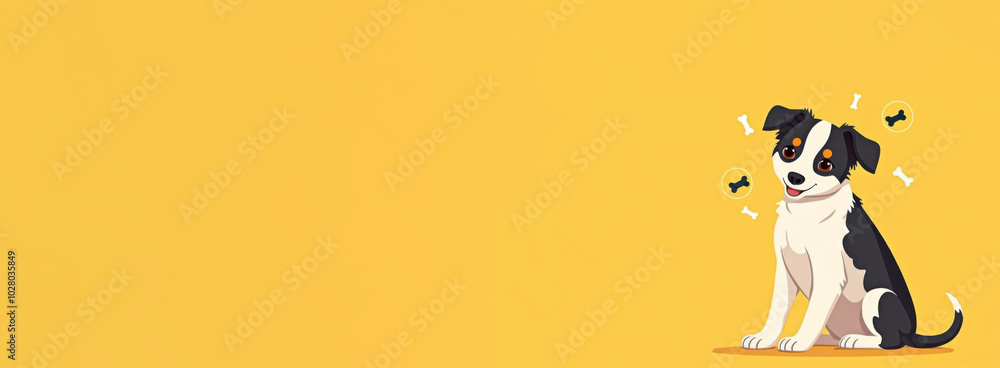 White and black Dog , sitting, smiling dog looking at camera, cartoon drawn circles with bones inside circles flying around dog head, yellow pastel solid background