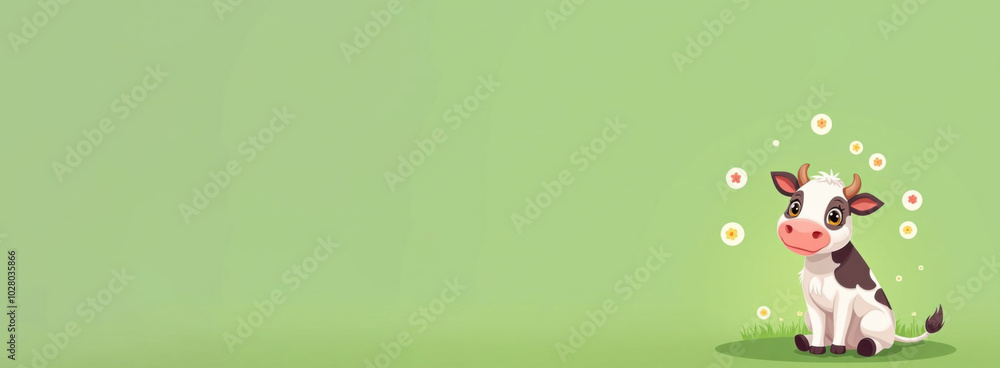 Cow sitting, smiling cow looking at camera, cartoon drawn circles with flowers inside circles flying around cow head, green pastel solid background Cow sitting, smiling cow looking at camera, cartoon drawn circles with flowers inside circles flying around cow head, green pastel solid background