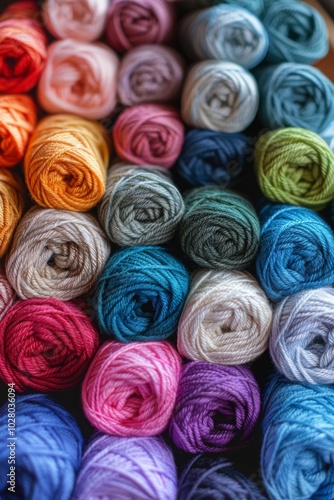 A close-up shot of colorful yarn balls arranged in a rainbow pattern. The yarn is perfect for knitting or crocheting.