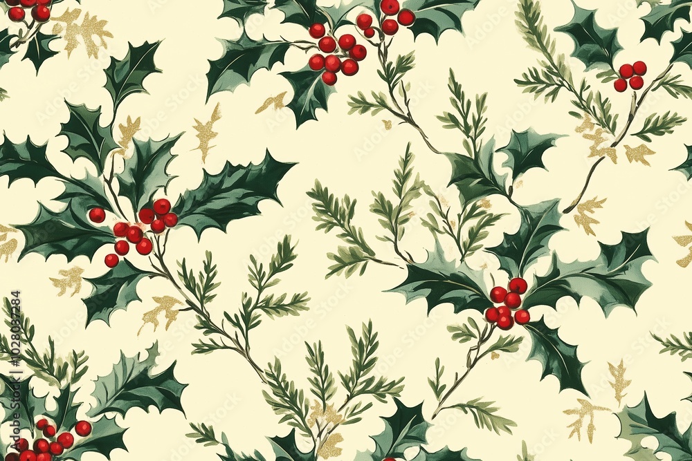 A festive, seamless pattern featuring sprigs of holly with lush green leaves and vibrant red berries on a soft cream background. A festive, seamless pattern featuring sprigs of holly with lush green leaves and vibrant red berries on a soft cream background.