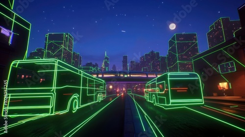 Futuristic cyberpunk cityscape at night with sleek bus and monorail on neon green glowing lines, modern skyline. 