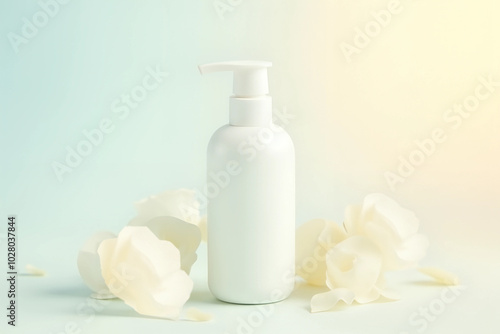 Close-up of sleek white lotion bottle on ombre background with subtle natural elements


