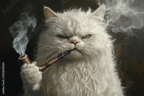 White cat with messy dishevelled hair, with grumpy face, holding smoking pipe, depicting the state of staying up late photo