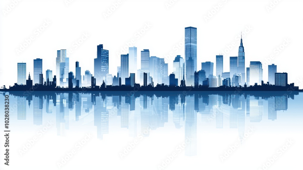 Obraz premium Blue skyline silhouette with reflection on a white background.