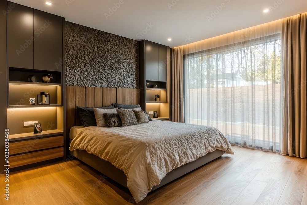 Modern bedroom setup with wooden floors, a bed against decorative panels, nightstands, built-in lamps, and a large window with curtains Modern bedroom setup with wooden floors, a bed against decorative panels, nightstands, built-in lamps, and a large window with curtains