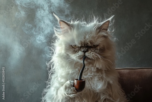 White cat with messy dishevelled hair, with grumpy face, holding smoking pipe, depicting the state of staying up late photo