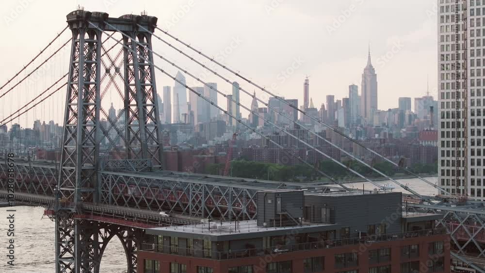 Aerial view of The Williamsburg Bridge at dusk Aerial view of The Williamsburg Bridge at dusk