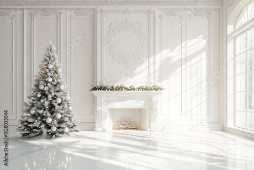 Modern Christmas Tree in a White Room with Cozy Holiday Decor 3D Render for Festive Home Interiors