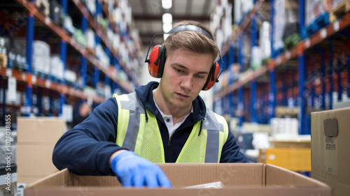 A man wearing a yellow vest and blue gloves is looking into a cardboard box. He is wearing ear protection and a hard hat