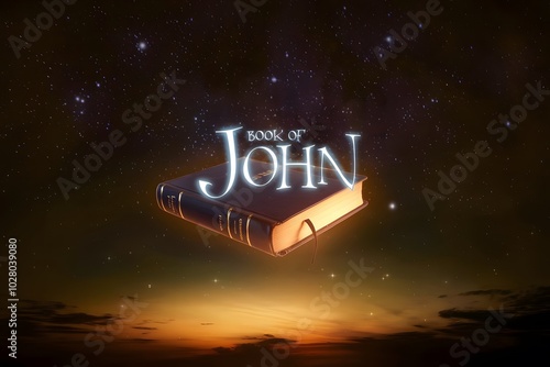 A glowing Bible floats against a dark, starry sky, with Book of John written in radiant blue letters, casting a soft glow on the surrounding darkness.