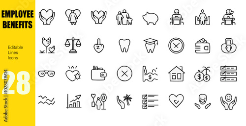 Line icons about employee benefits. Pixel perfect 64x64 and editable stroke