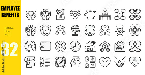 Line icons about employee benefits. Pixel perfect 64x64 and editable stroke