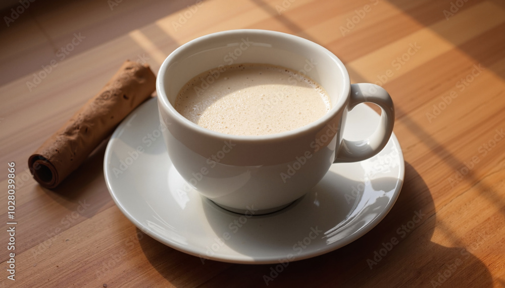 Fototapeta premium Warm milk in a white cup with a cinnamon stick on a wooden table