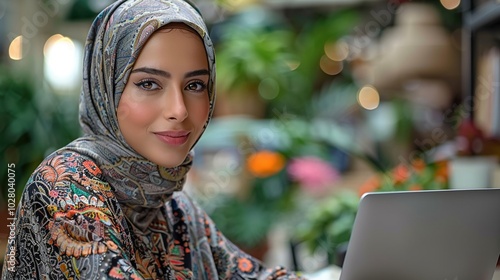 A woman in a hijab working on a laptop in an office. photo