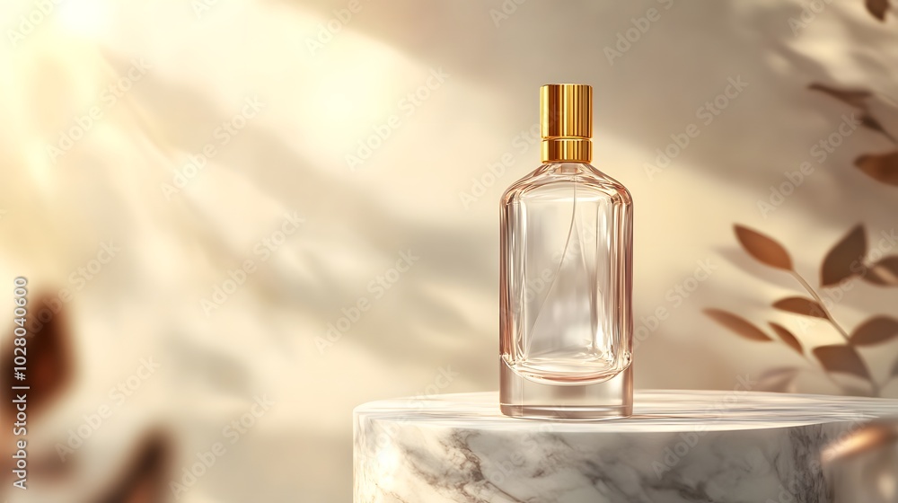 A minimalist perfume bottle on a marble surface with soft lighting and natural elements. A minimalist perfume bottle on a marble surface with soft lighting and natural elements.