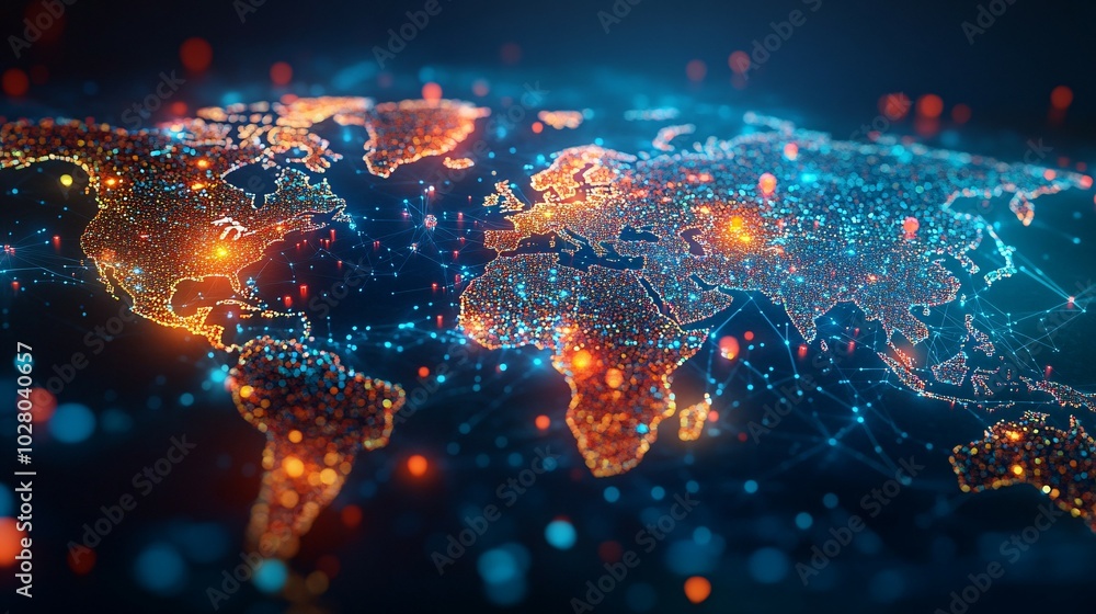A 3D rendering of a world map composed of glowing dots connected by lines, representing global connectivity. A 3D rendering of a world map composed of glowing dots connected by lines, representing global connectivity.