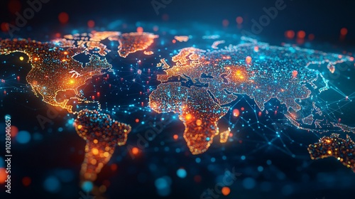 A 3D rendering of a world map composed of glowing dots connected by lines, representing global connectivity.