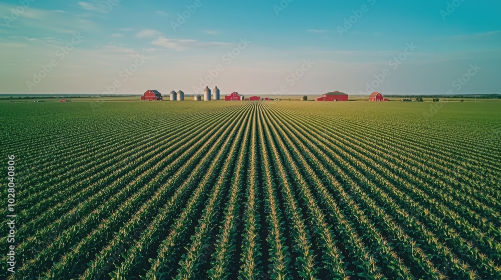 A picturesque American cornfield under a bright blue sky, ready for harvest with traditional red barns in the background. A picturesque American cornfield under a bright blue sky, ready for harvest with traditional red barns in the background.