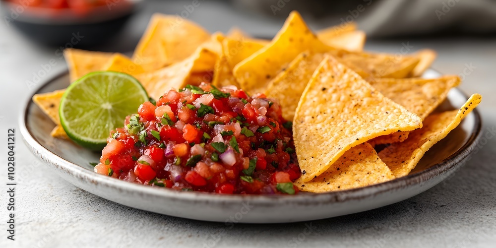 A plate of tortilla chips served with fresh salsa and lime, ideal for snacking. A plate of tortilla chips served with fresh salsa and lime, ideal for snacking.