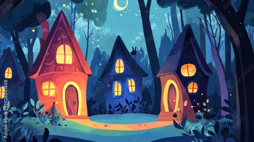 A whimsical scene of colorful houses in a magical forest at night. A whimsical scene of colorful houses in a magical forest at night.