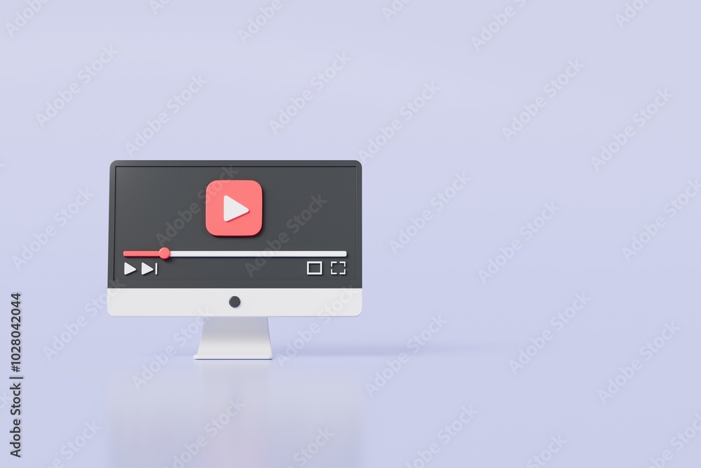 3d Realistic Computer screen playing videos browser icon isolated on white background. Minimal red videos player icon. Playing video player entertainment concept, streaming videos concept. 3d render. 3d Realistic Computer screen playing videos browser icon isolated on white background. Minimal red videos player icon. Playing video player entertainment concept, streaming videos concept. 3d render.