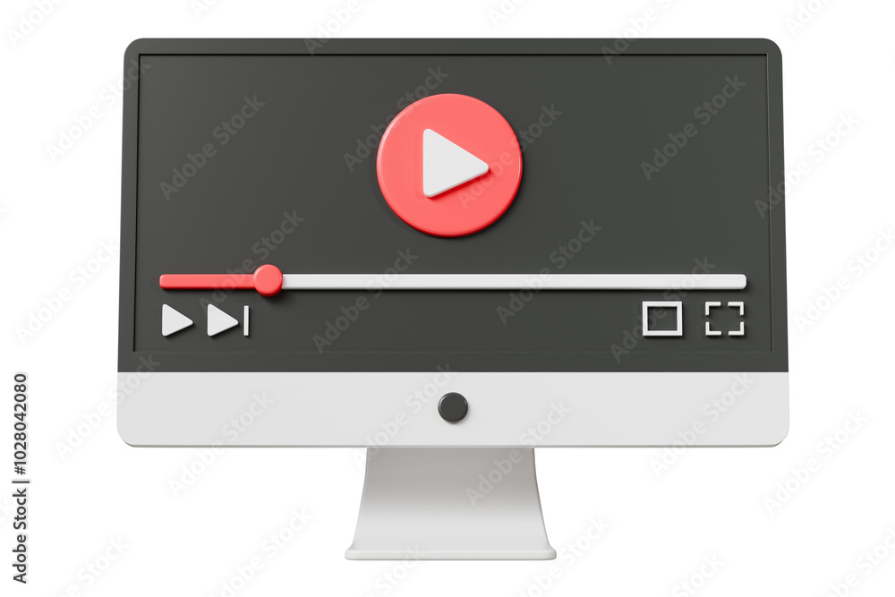 3d Realistic Computer screen playing videos browser icon isolated on white background. Minimal red videos player icon. Playing video player entertainment concept, streaming videos concept. 3d render. 3d Realistic Computer screen playing videos browser icon isolated on white background. Minimal red videos player icon. Playing video player entertainment concept, streaming videos concept. 3d render.
