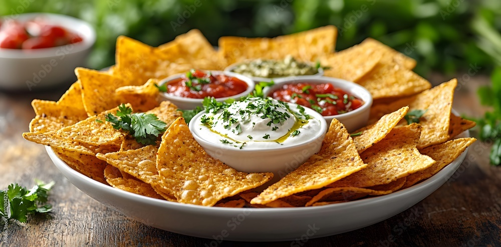 A platter of nachos served with various dips, perfect for sharing or snacking. A platter of nachos served with various dips, perfect for sharing or snacking.