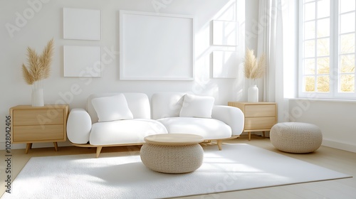 A modern minimalist living room with a sleek white sofa, light wooden furniture, and a blank white frame hanging above a coffee table, creating a fresh and airy feel. 