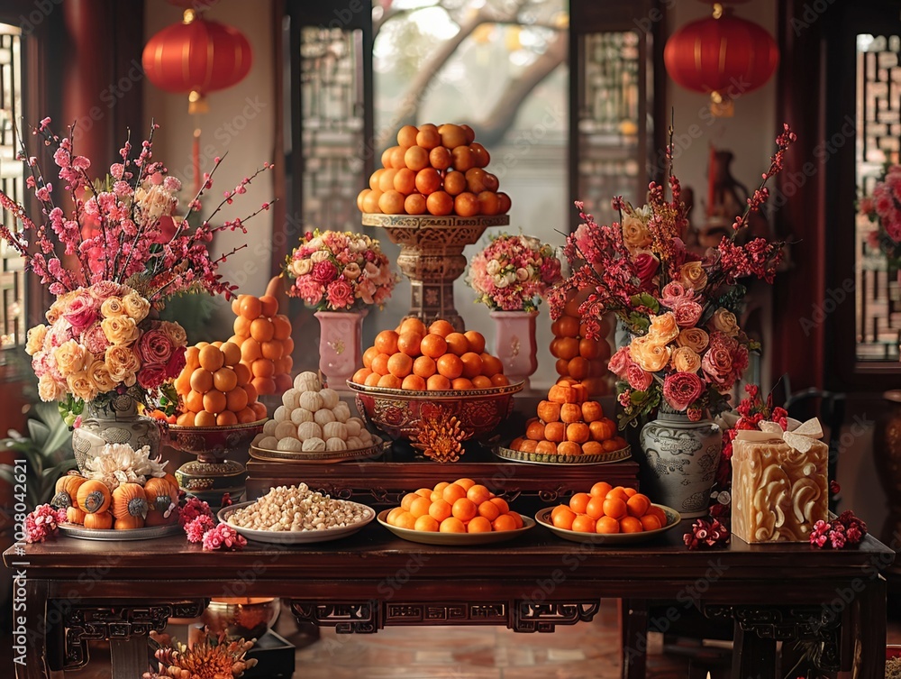 A beautifully decorated Lunar New Year altar. A beautifully decorated Lunar New Year altar.