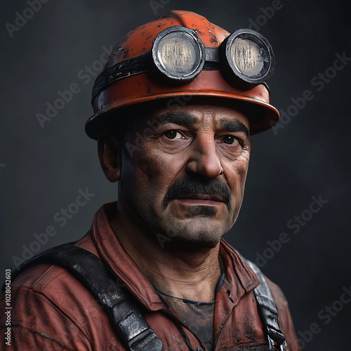 Portrait of a miner with red helmet and headlamp photo