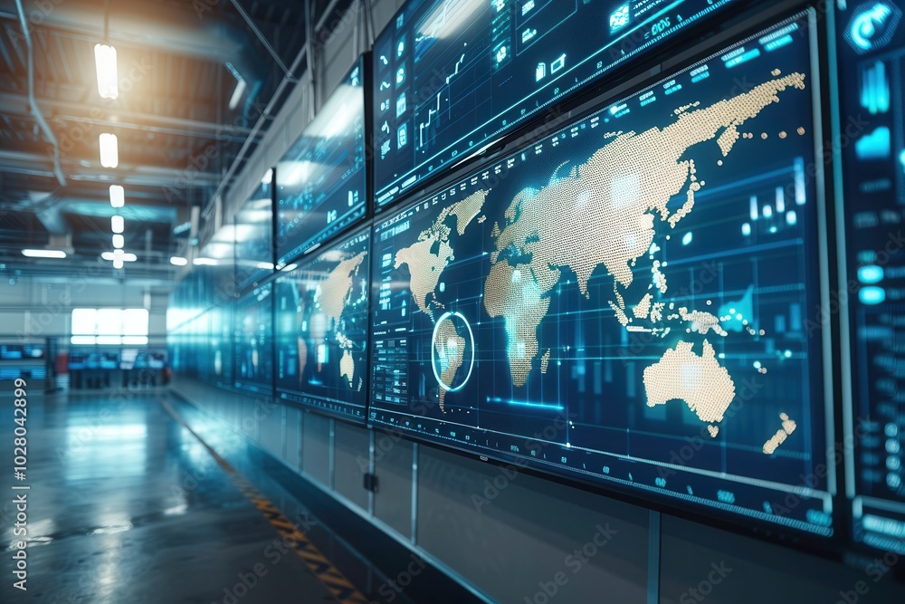 Fototapeta premium The control center manages deliveries with extensive screens showcasing route information and operational data. Generative AI