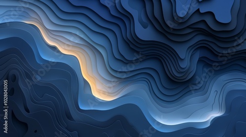 Abstract background forming topographic contour lines map with blue and yellow lights