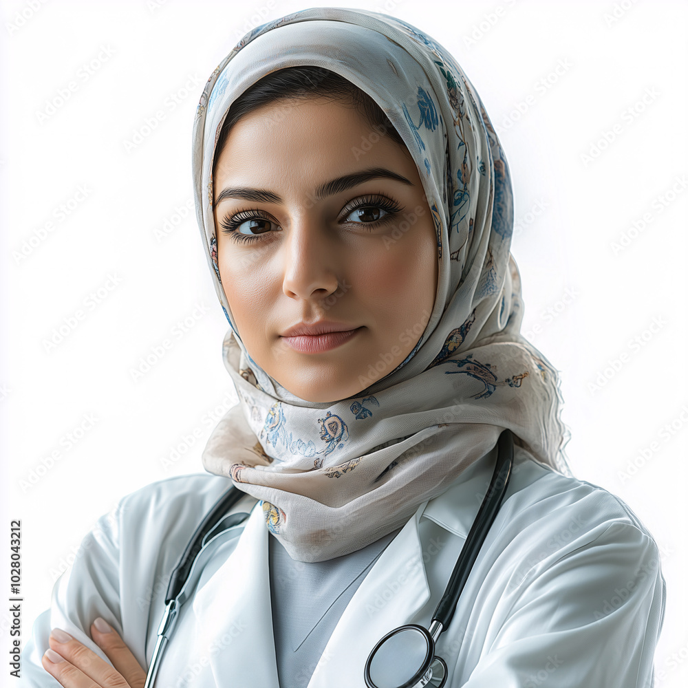 Portrait of female doctor with headscarf and stethoscope on white background Portrait of female doctor with headscarf and stethoscope on white background