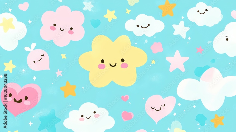 Cheerful pastel cartoon clouds and stars on a blue sky background. Cheerful pastel cartoon clouds and stars on a blue sky background.
